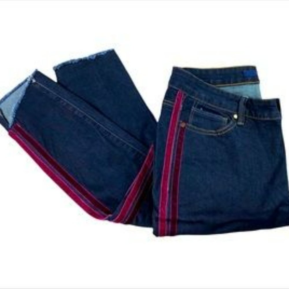 Denim 24/7 Dark Asymmetrical Hem Maroon Velvet Stripe Straight Leg Jeans 12W